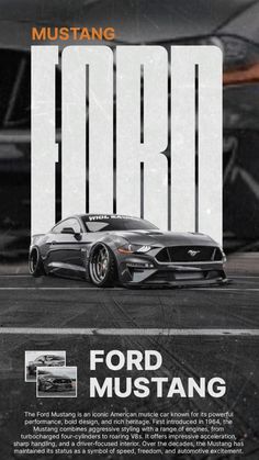 the ford mustang ad is shown in black and white