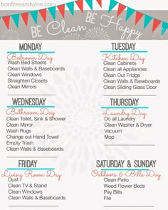 a printable cleaning checklist with the words, be clean and happy on it