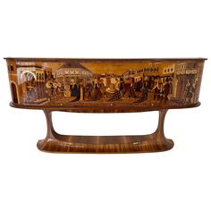 an artisticly painted wooden shelf with people on it