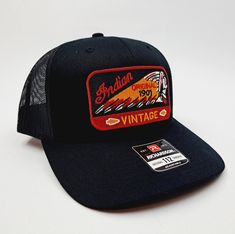 Brand new high-quality embroidered patch on a Richardson 112 curved bill mesh trucker snapback cap hat black Size XL Black Trucker Hat With Curved Visor, Vintage Black Trucker Hat With Embroidered Logo, Adjustable Black Hats With Patches, Black Adjustable Hat With Patches, Adjustable Black Hat With Patches, Trucker Snapback Hat With Embroidered Patch, Black Trucker Hat With Logo Patch, Retro Black Trucker Hat With Curved Brim, Black Baseball Cap With Patches