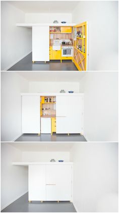 three different views of a kitchen with white cabinets and yellow accents on the doors, including an oven