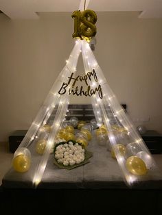 a birthday party with balloons and lights in the shape of a teepeel on top of a table