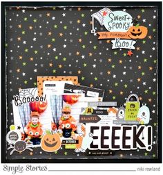 halloween scrapbook page with pumpkins, jack - o - lanternes and spooky stickers