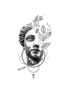 a black and white drawing of a man's face with leaves on his head