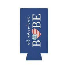 a blue can cooler with an american flag design and the words bbq on it