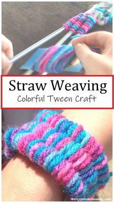 two pictures with the words straw weaving on them and an image of someone using yarn to crochet