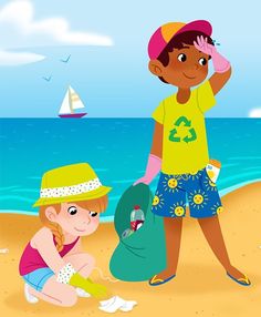 two children are playing on the beach with their hats and bags in front of them