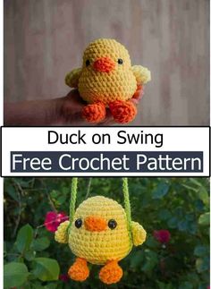 two crocheted birds hanging from strings with text that reads, duck on swing free crochet pattern