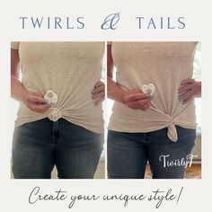 two images showing how to tie a twirls and tails knot around the waist