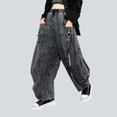 Trendy Gray Wide Leg Cargo Jeans, Baggy Grunge Washed Pants, Gray High-waisted Pants For Streetwear, Gray Cotton Grunge Pants, Gray Grunge Cotton Pants, Baggy Washed Black Hip Hop Bottoms, Trendy Baggy Gray Bottoms, Baggy Gray Grunge Jeans, Gray Baggy Grunge Jeans