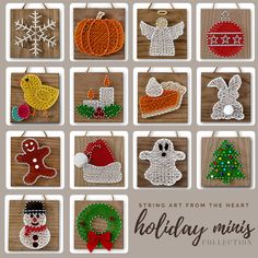 twelve christmas ornament designs in different styles and colors on wooden boards with text saying string art from the heart holiday minis collection