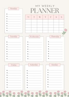 a printable planner with pink flowers on it