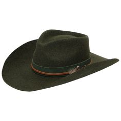 Wool Cowboy Hat with Pinch Crown and Feather by FRYE-COWBOY-San Diego Hat Company Western Brimmed Felt Hat For Hunting, Western Style Felt Hunting Hat For Fall, Curved Brim Military Hat For Hunting, Military Style Hunting Hat With Curved Brim, Military Hunting Hat With Curved Brim, Adjustable Western Felt Hat For Hunting, Country Style Fur Felt Hat Bands For Country Events, Adjustable Wool Hunting Hat, Classic Green Hat Bands For Winter