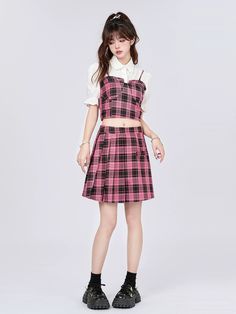 ❤︎College Style Check Suspender Top + Skirt❤︎ Top Skirt Set, Suspender Skirt, College Style, College Fashion, Short Skirt, Skirt Set, Skirt, Pink