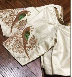 Parrot Embroidery Design Blouse, Parrot Embroidery Design, Embroidery Design Blouse, Gold Blouse Designs, Aari Blouses, Parrot Design