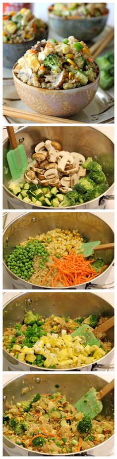 several different pictures of food being cooked in pans