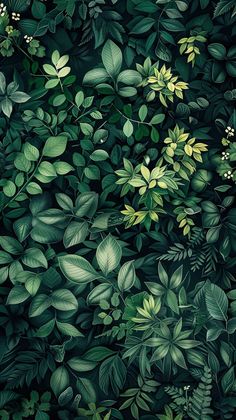 green leaves and plants are shown in this wallpaper pattern, which is very similar to the