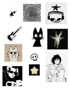 various black and white images with cats, stars, and other things on them in the background