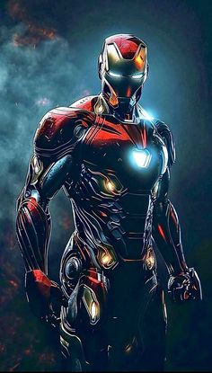 iron man standing in the dark with his hands on his hips and glowing yellow eyes