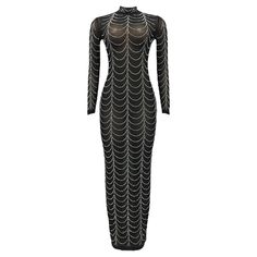 This Mock Neck Mermaid Hem Mesh Bodycon Dress is the perfect choice for making a statement. Crafted from a comfortable fabric and designed with a maxi length, long sleeves and beautiful rhinestone decor, it's a perfect piece to make you feel luxuriously elegant. Fit Type: Regular Fit Fabric: Medium Stretch Material: Polyester, Elastane Embellished Stretch Bodycon Dress With Long Sleeves, Stretch Full-length Long Sleeve Party Dress, Stretch Long Sleeve Long Dress For Party, Embellished Long Sleeve Stretch Dress, Embellished Stretch Long Sleeve Dress, Glamorous Long Sleeve Embellished Maxi Dress, Glamorous Bodycon Long Sleeve Maxi Dress, Mesh Bodycon Dress, Rhinestone Decor