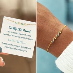 a woman holding up a card that says to my old friend on it and a photo of her bracelet