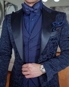 Navy Blue Designer Paisley Fabric from France Satin Peak Collar Full-Canvas Construction Single Button Closure Soft, natural shoulder construction Chest Barchetta Pocket Dual Vents Satin covered buttons Handmade in any size! Includes a Sebastian Cruz Couture Pocket Square of your choice! All of our jackets are made with 4" extra of fabric to ensure you don't have to send it back to us if its too small or too big. You can tailor your jacket 2 sizes bigger and/or smaller if needed. We guarantee yo Prom For Guys, Paisley Jacket, Blue Tuxedos, Navy Blue Suit, Build A Wardrobe, Paisley Fabric, Prom Suits, Dapper Men, Mens Luxury Fashion