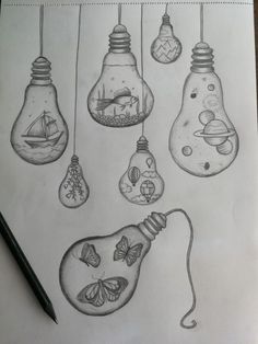 pencil drawing of lightbulbs with butterflies and other things inside them on paper