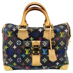 On black toile canvas, this Speedy bag has the Louis Vuitton Multicolore logo in 33 vibrant hues. This handbag has rolling handles made of vachetta cowhide leather and polished brass hardware, including solid handle rings, a press lock on the outside flap pocket, and four sturdy base corner plates. The top zipper reveals a brown microfiber inside with a patch pocket. 2003 Louis Vuitton x Murakami Limited Edition Multicolor Monogram Speedy Top Handle Bag. When Japanese artist Takashi Murakami col Luxury Multicolor Satchel For Shopping, Luxury Multicolor Satchel With Top Carry Handle, Designer Multicolor Satchel With Top Carry Handle, Luxury Multicolor Satchel With Detachable Handle, Designer Multicolor Monogram Canvas Bag, Luxury Multicolor Satchel For Travel, Travel Bags With Branded Hardware In Multicolor, Multicolor Travel Bags With Branded Hardware, Luxury Multicolor Bags With Leather Handles