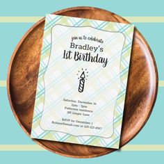 a birthday party card on a wooden plate