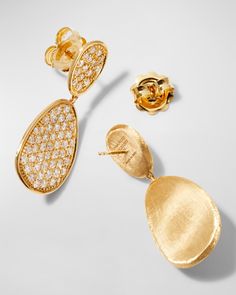 Marco Bicego earrings    Inspired by the delicate shapes of the Lunaria flower    Handengraved 18karat yellow gold    Each station with pavé diamonds    Total carat weight: 2.41    For pierced ears    Made in Italy Marco Bicego, 50th Gifts, Pierced Ears, Hand Engraving, Pave Diamonds, Ear Piercings, Neiman Marcus, 18k Gold, Tops Designs