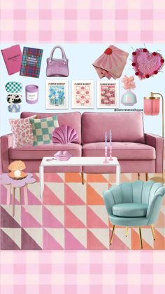 a living room filled with pink furniture and accessories