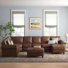 a living room with blue walls and brown leather furniture in the corner, along with a large rug on the floor