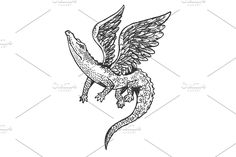 an alligator with wings flying in the air