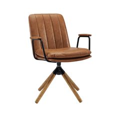 an office chair with wooden legs and leather upholstered seat, viewed from the front