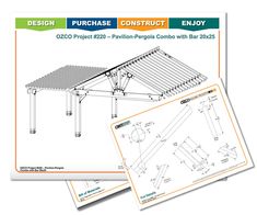 the design and construction manual for an outdoor patio cover is shown in two different colors