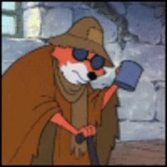 a cartoon fox with sunglasses and a hat holding an ax in one hand while standing next to a brick wall