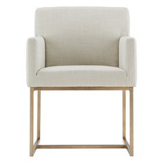 a beige upholstered chair with wooden legs and an armrest, on a white background