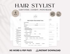 the hair stylist worksheet is shown in three different sizes and colors