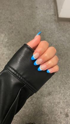 Cute Summer Acrylic Nail Ideas Blue, Coloured French Tips Almond, French Tip Coloured Nails, White And Blue Acrylics, Coloured French Nails Tips Almond, French Tips Colour, Coloured French Tip Acrylic Nails, French Nails Colour, Nails Coloured Tips