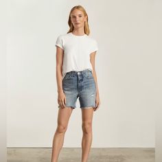 100% Cotton, High Waisted, Frayed Hem - These Marina Bay Color Rigid Way High Jean Shorts By Everlane Are A Classic And Timeless Gem. High-Rise, Straight Fit, Button Fly. Rise: 12 1/4". Leg Opening: 22” Inseam: 5" These Are A Size 27, They Fit Comfortably Over My 40” Hips And Have A Little Gap At My 26” Waist. They Are Brand New And Have Never Been Worn, But Oddly Did Not Arrive From Everlane With A Price Tag Attached. I Love Them And They Hug Me Perfectly, Just Realized I Could Never Wear Them Casual Mid-rise Bottoms For Daywear, Everlane Mid-rise Denim Bottoms, Mid-rise Denim Bottoms By Everlane, Everlane Denim Bottoms For Spring, Everlane Casual Relaxed Fit Bottoms, High Rise Everlane Bottoms For Everyday, Everlane High Rise Bottoms For Everyday, Everlane Casual Denim Bottoms, Everyday High Rise Bottoms By Everlane