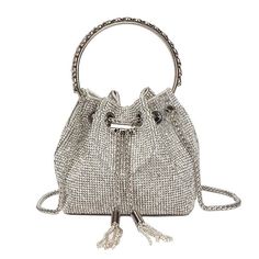 Embrace uniqueness with a bucket bag adorned with beautiful crystals, complemented by a gold top handle featuring marque style crystals. The bag offers versatility with an optional shoulder/cross body strap for added ease of use, combining style and practicality. Evening Clutch Bag, Evening Clutch, Diamond Design, Shoulder Purse, Haiti, Chain Strap, Ghana, Evening Bags, Backpack Bags