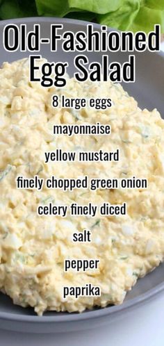 an egg salad recipe on a plate with lettuce in the background and instructions for how to make it