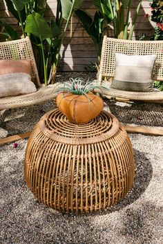 an outdoor area with wicker furniture and plants