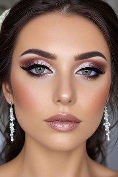 Wedding Bridal Makeup Hooded Eyes, Makeup To Go With Rose Gold Dress, Makeup With Blush Pink Dress, Bridal Makeup Romantic Glam, Bold Eye Wedding Makeup, Wedding Makeup For Burgundy Dress, Sparkle Bride Makeup, Wedding Cat Eye Makeup, Glam Makeup For Pink Dress