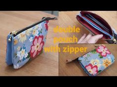 two images show the same zippered pouch as well as one with flowers on it