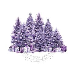 purple christmas trees with presents on them and the words digital dowl written in white