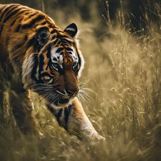 a tiger walking through tall grass in the wild