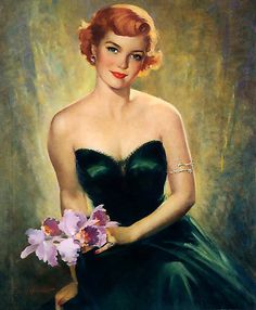 a painting of a woman in a green dress holding a pink flower and posing for the camera