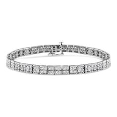 This beautiful link bracelet has a glamorous twist on a classic design. Square silver links are embellished with four stunning round-cut diamonds in an elegant prong setting. This authentic design is crafted of real 92.5% sterling silver that has been electro-coated with genuine rhodium (a platinum-family metal), a precious metal that will keep a tarnish-free shine for years to come. This bracelet has a total diamond weight of 2 carats, and is the perfect accessory for any formal event. Design Square, Diamond Settings, Authentic Design, White Jewelry, Bracelet Clasps, High Quality Jewelry, Round Cut Diamond, Bracelet Set, Amazing Jewelry