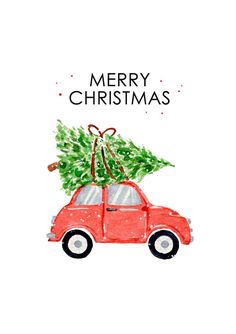 a red car with a christmas tree on the roof and merry christmas written in black ink